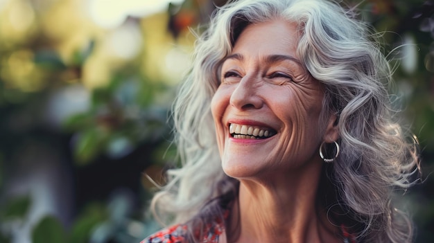 Joyful senior woman laughing in a natural setting a representation of happiness and contentment in the golden years this image is AI Generative