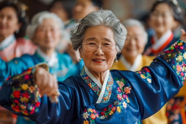 伝統的な韓国人のハンボックの服を着た喜びに満ちた高齢の女性が文化祭で祝っている