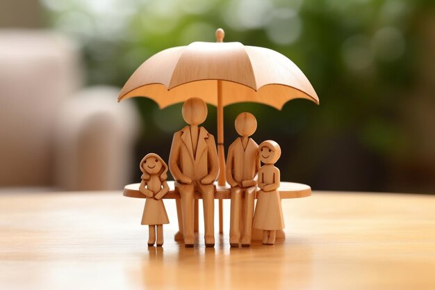 Joyful Shelter Family Under Rainy Wooden Umbrella Generative AI