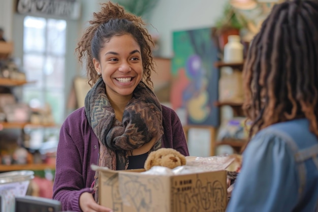 Joyful shop assistant offering a product with a bright smile