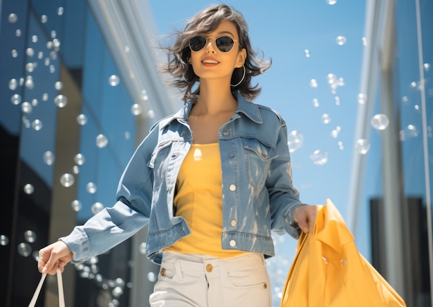 Photo joyful shopper young woman with shopping bags on light blue street