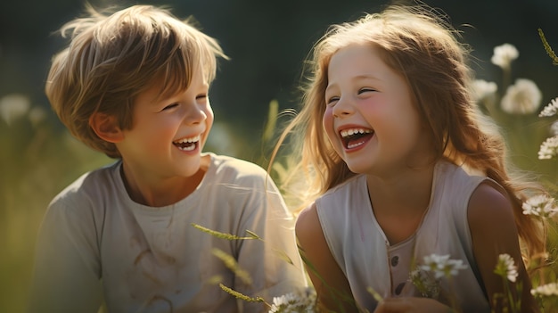 Joyful siblings sharing laughter in a sunlit meadow