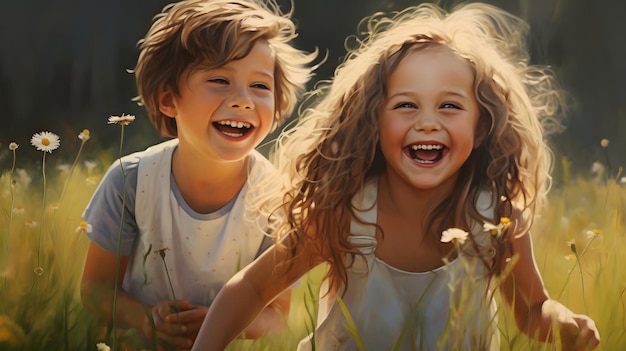 Joyful siblings sharing laughter in a sunlit meadow