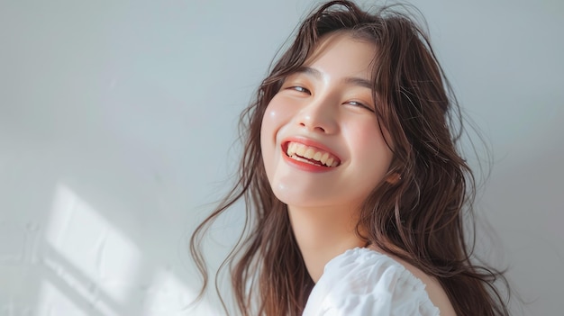 Joyful Smile and Elegant White Dress