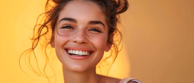 Foto sorriso gioioso con allineatori senza cuciture sole e fiducia concept trasformazione dentale sorriso makeover allineatori chiari confidenza che aumenta sorrisi soleggiati