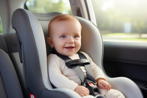 Joyful smiling baby in a car seat enjoying a car ride