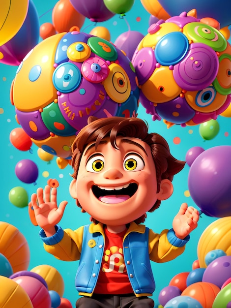 Joyful Smiling boy with Cartoon Balloon in MultiColored Celebration