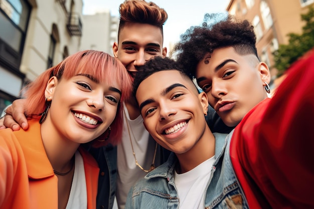 joyful and smiling group of teens friends taking selfie