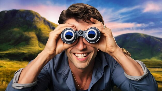 Foto un ragazzo bello e sorridente che imita il binocolo.