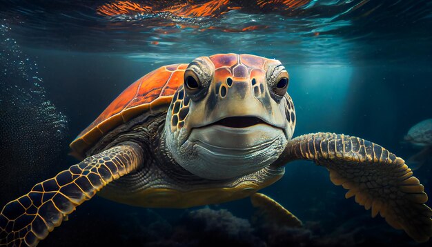 Photo joyful smiling sea turtle swimming underwater generative ai