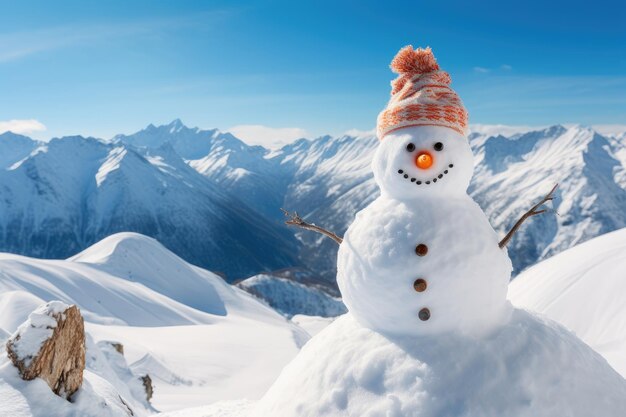 Photo joyful snowman in mountains blank area