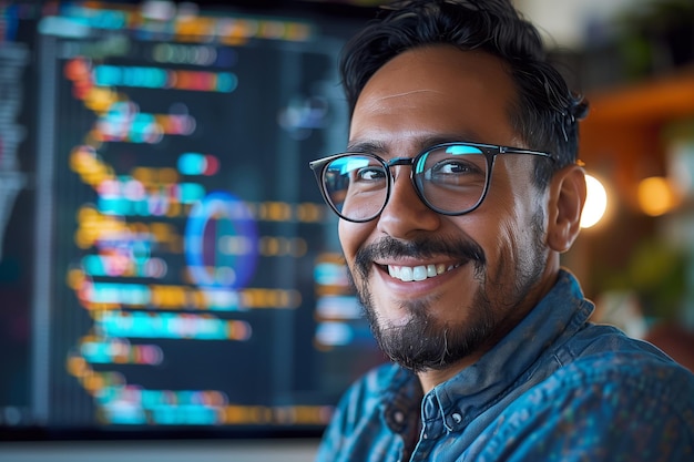 a joyful software developer smiling while coding at a computer screen with colorful programming languages