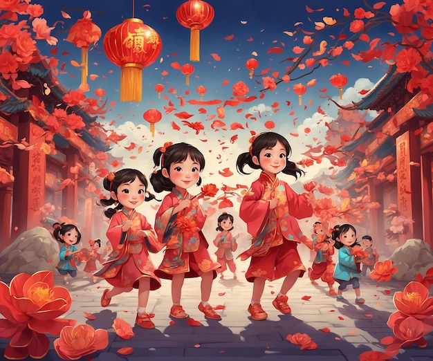 Joyful springs chinese children celebrating lunar new year