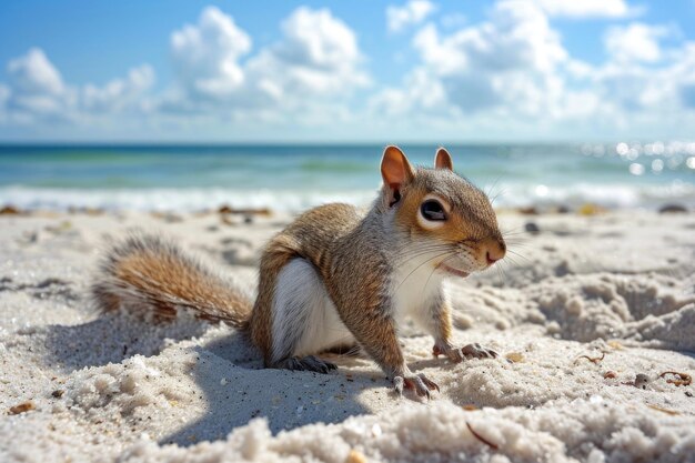Photo a joyful squirrel enjoys a summer day at the beach basking in the sun and playing in the sand