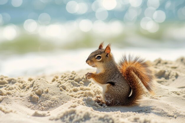 Photo a joyful squirrel enjoys a summer day at the beach basking in the sun and playing in the sand