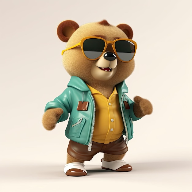 Joyful stylish 3D bear character with full body donning apparel and shades against a backdrop Generative AI