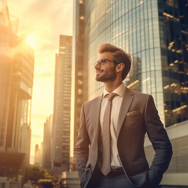 Joyful Successful Businessman Standing with Arms Raised in Triumph