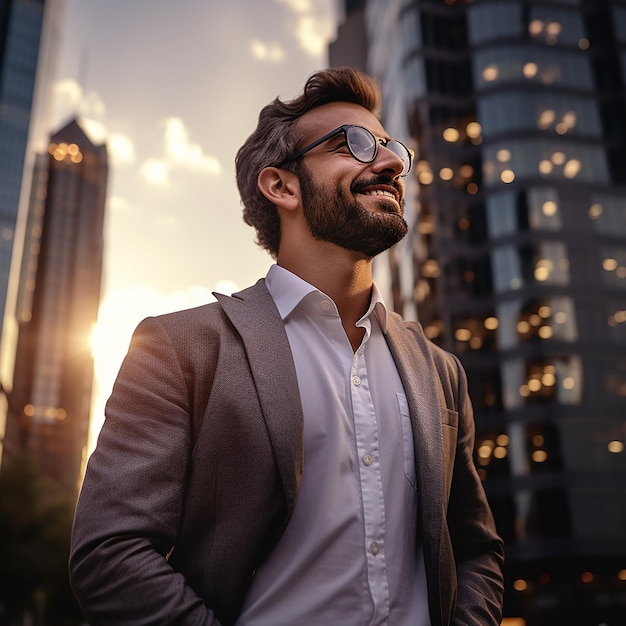 Joyful Successful Businessman Standing with Arms Raised in Triumph