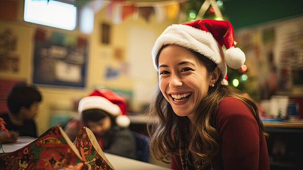 Joyful teacher in Santa hat engaging students in vibrant classroom