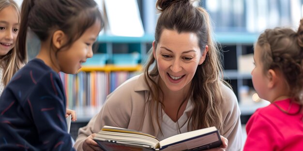 Foto joyful teaching moment in a bright classroom smiling educator with children reading a book candid learning experience ai