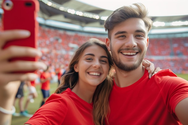 Joyful Teen Friends Taking Selfie at Stadium Event with AI generated