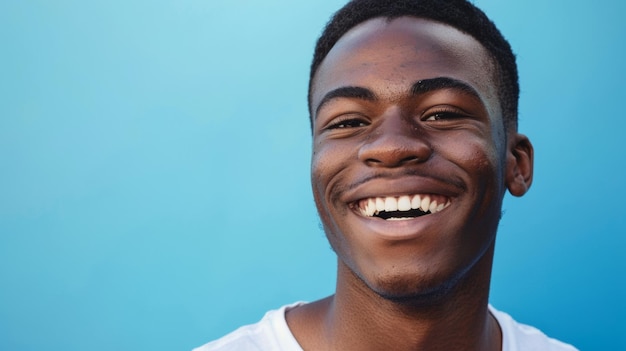 Joyful teenager beams with a bright smile embodying youthful optimism on a blue background