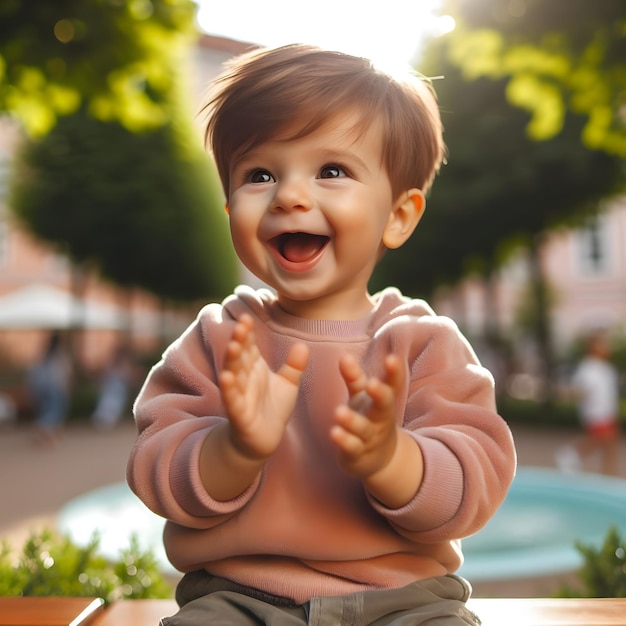1 세 의 즐거운 유아 가 여름 초 에 빛 이 내리는 공원 에서 손을 박고 있다