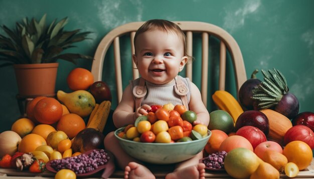 Joyful toddler playing with toy carrot sitting outdoors on farm generated by ai