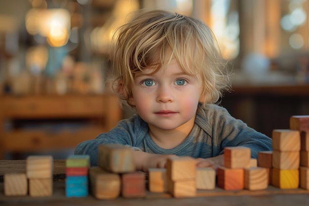 喜び の ある 幼児 が 活気 の ある 木製 の 建物 の ブロック で 遊ん で いる