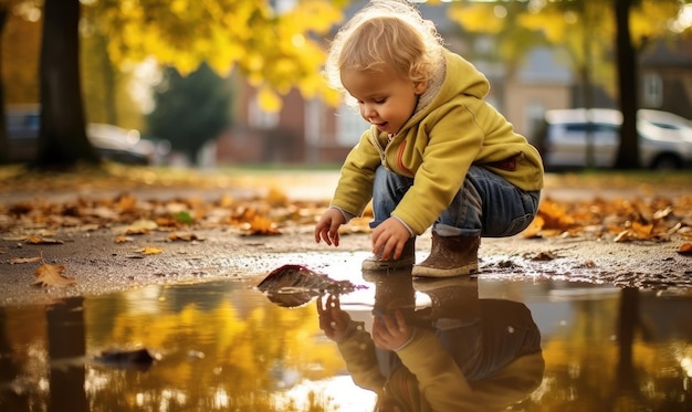 A Joyful Toddler Splashing in a Shimmering Puddle of Water