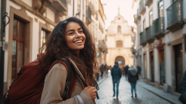 Joyful traveler on city street with historic architecture in background