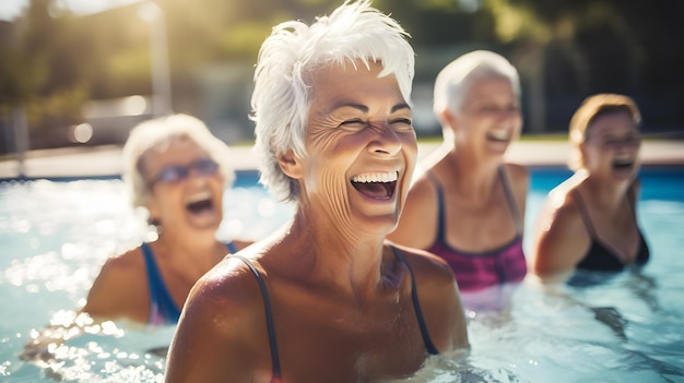 Joyful Trio of Women Laughing and Having Fun in the Pool Vibrant Stock Image of