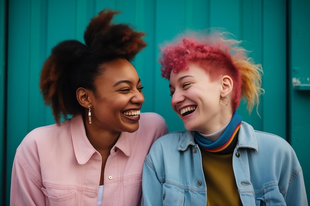 기쁜 연합 인종 간 LGTBI 친구들이 활기찬 색으로 함께 웃고 있습니다.