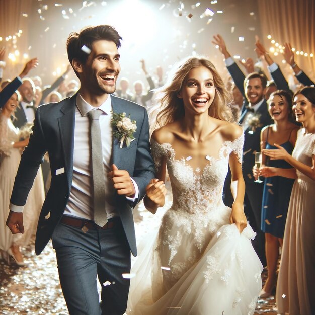 Joyful Wedding Couple Celebrating with Guests and Confetti