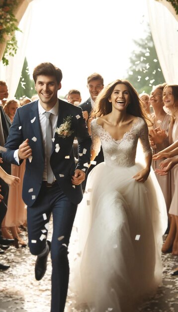 Joyful Wedding Couple Celebrating with Guests and Confetti