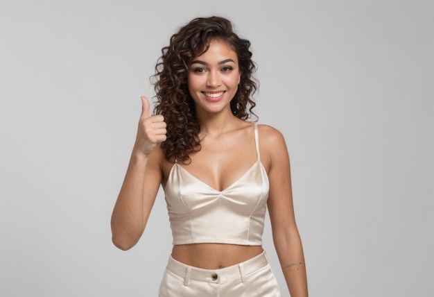 A joyful woman in a beige crop top giving a thumbs up her curly hair and bright smile convey a