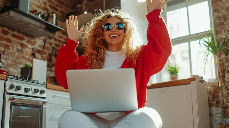 Photo a joyful woman celebrates success while working on her laptop at home her vibrant energy fills the cozy kitchen with positivity
