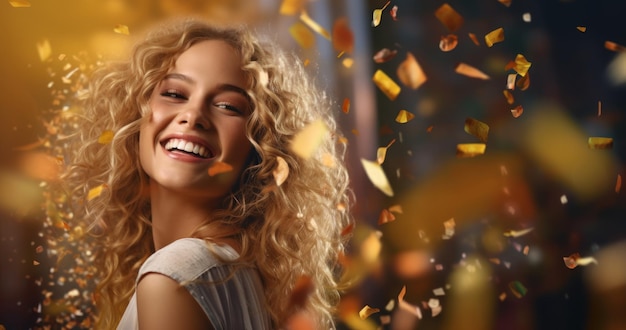 Joyful Woman Celebrating Festival with Confetti and Natural Light AI Generated