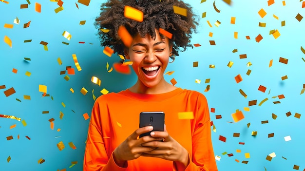 Joyful Woman Celebrating with Confetti Holding Phone Cheerful Expression Vibrant Colorful Image with a Focus on Technology and Celebration Studio Shot AI