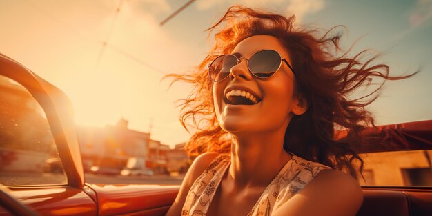 Foto una donna gioiosa guida con sicurezza un'auto in estate il suo viso irradia felicità mentre abbraccia la libertà e l'eccitazione della strada aperta ia generativa