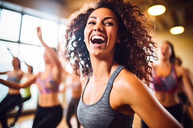 Foto donna gioiosa che balla in una lezione di fitness con gli altri