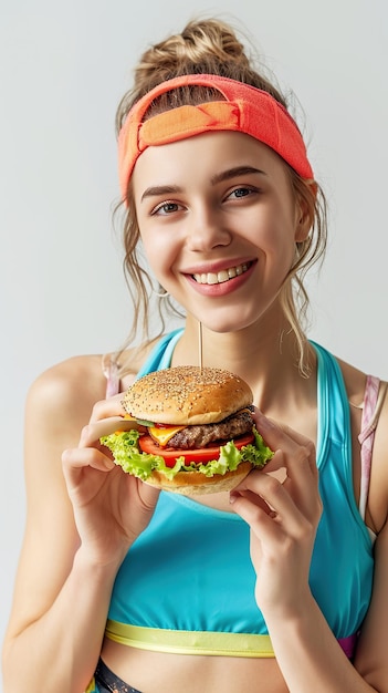 Foto una donna gioiosa mangia cibo calorico dannoso come un hamburger