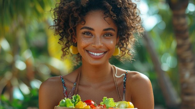Фото Радостная женщина наслаждается живой миской здорового салата ее волнение ощутимо на мягко освещенном фоне воплощающее радость питательного выбора ии генератив