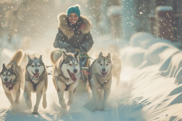 Photo joyful woman experiencing the thrill of dogpowered sledding