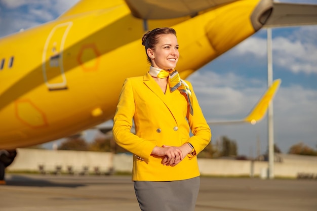 노란 재킷을 입은 즐거운 여성 승무원은 공항에서 야외에 서서 멀리 바라보고 웃고 있습니다.