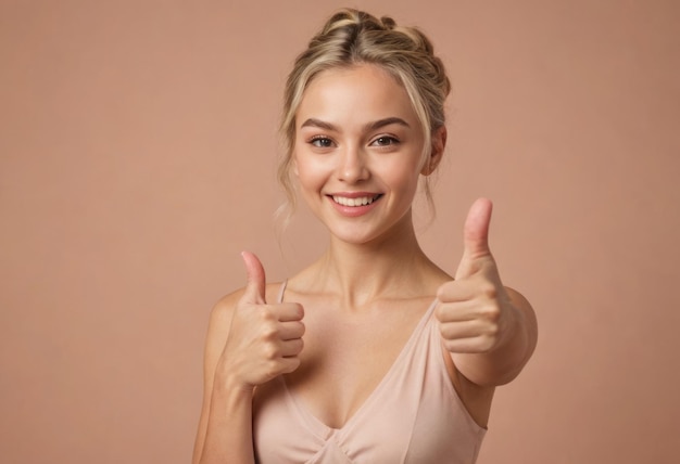 A joyful woman giving two thumbs up with a broad smile studio shot with a pink background