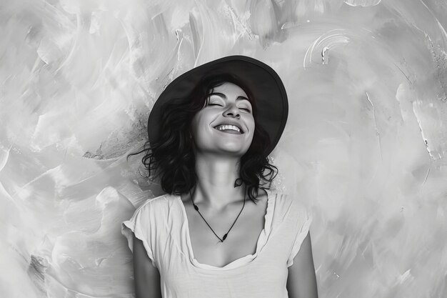 Joyful woman in a hat with a bright smile black and white portrait