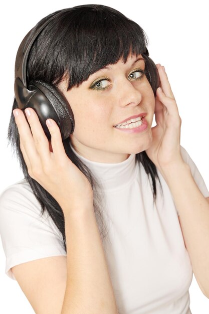 Joyful woman  in the head sets on white background