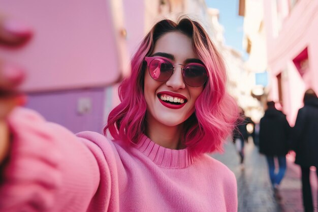 Photo joyful woman influencer adorned in pink attire capturing a selfie