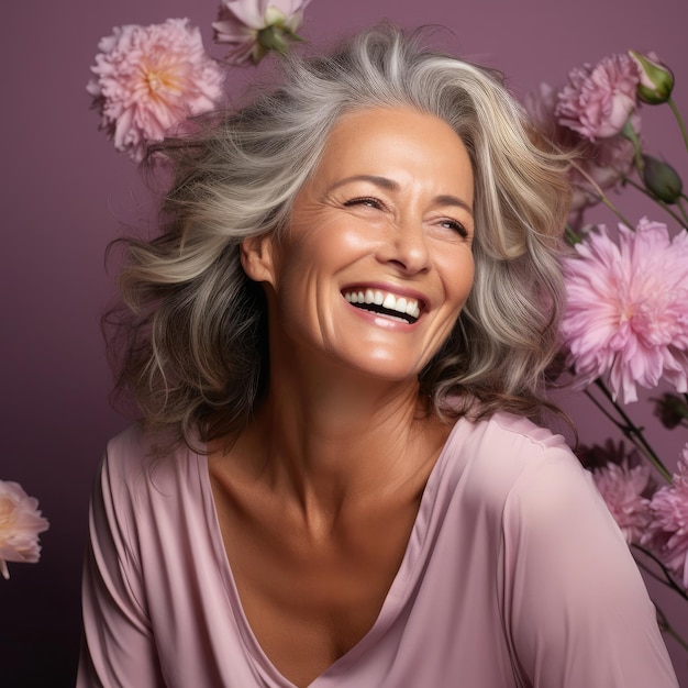 Joyful Woman Laughing Against Lavender Background